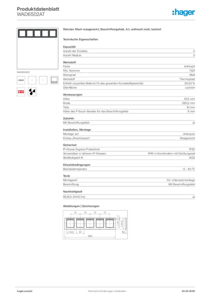Bild Hager Produktdatenblatt WAD6502AT | Hager Deutschland