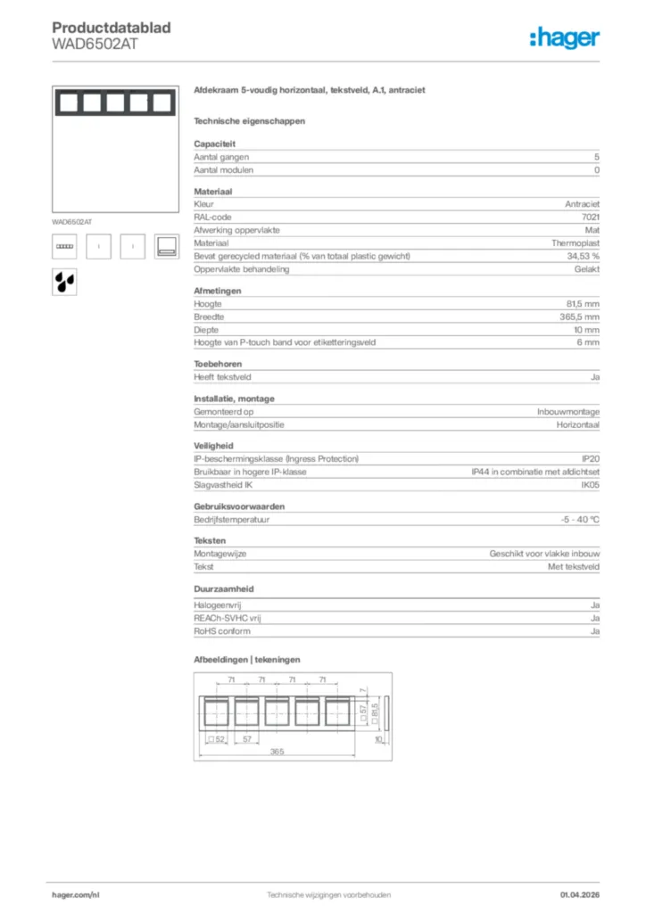 Afbeelding Hager Productdatablad WAD6502AT | Hager Nederland