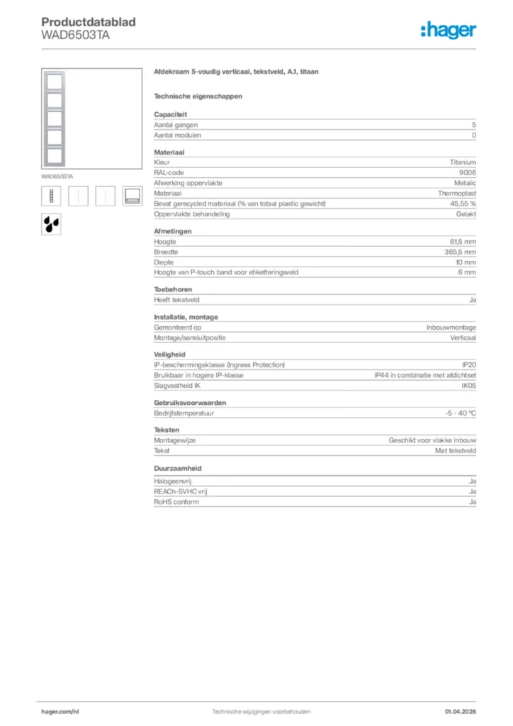 Afbeelding Hager Productdatablad WAD6503TA | Hager Nederland