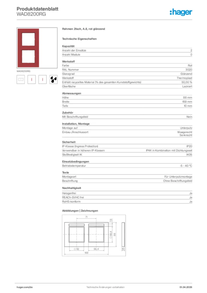 Bild Hager Produktdatenblatt WAD8200RG | Hager Deutschland