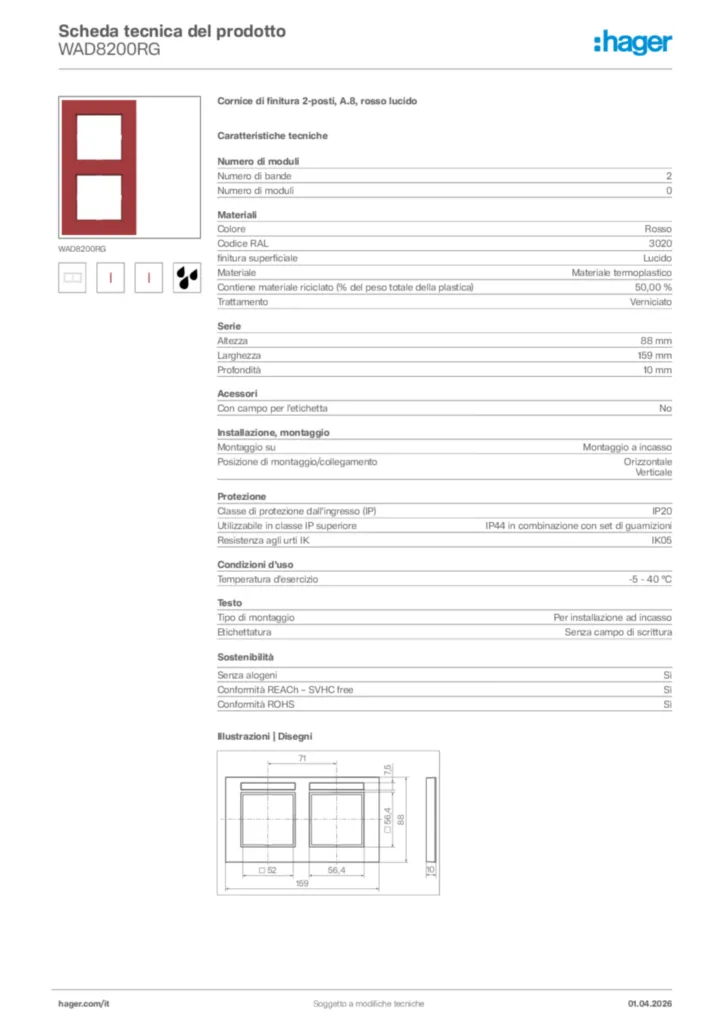 Immagine Hager Scheda tecnica del prodotto WAD8200RG | Hager Italia