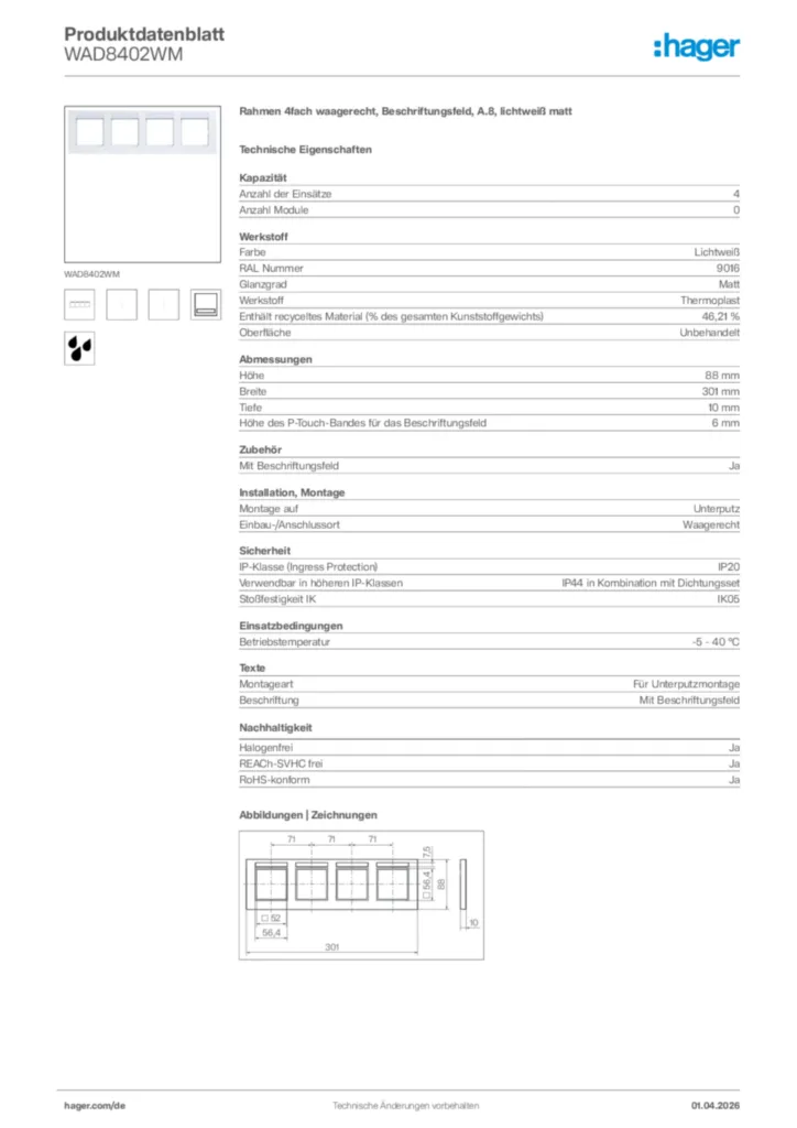 Bild Hager Produktdatenblatt WAD8402WM | Hager Deutschland