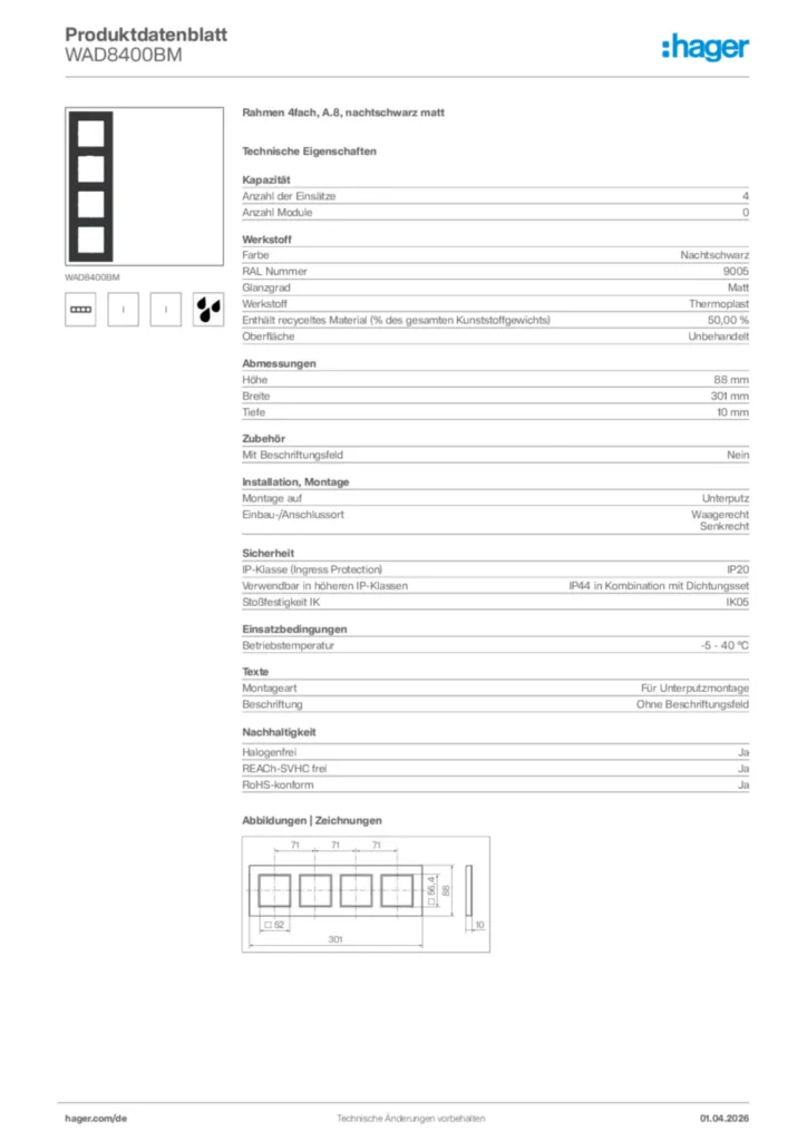 Bild Hager Produktdatenblatt WAD8400BM | Hager Deutschland