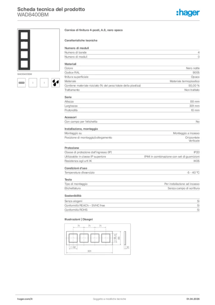 Immagine Hager Scheda tecnica del prodotto WAD8400BM | Hager Italia