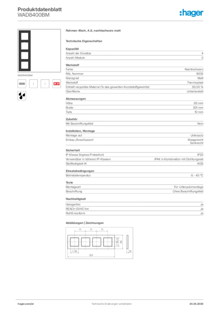 Bild Hager Produktdatenblatt WAD8400BM | Hager Deutschland