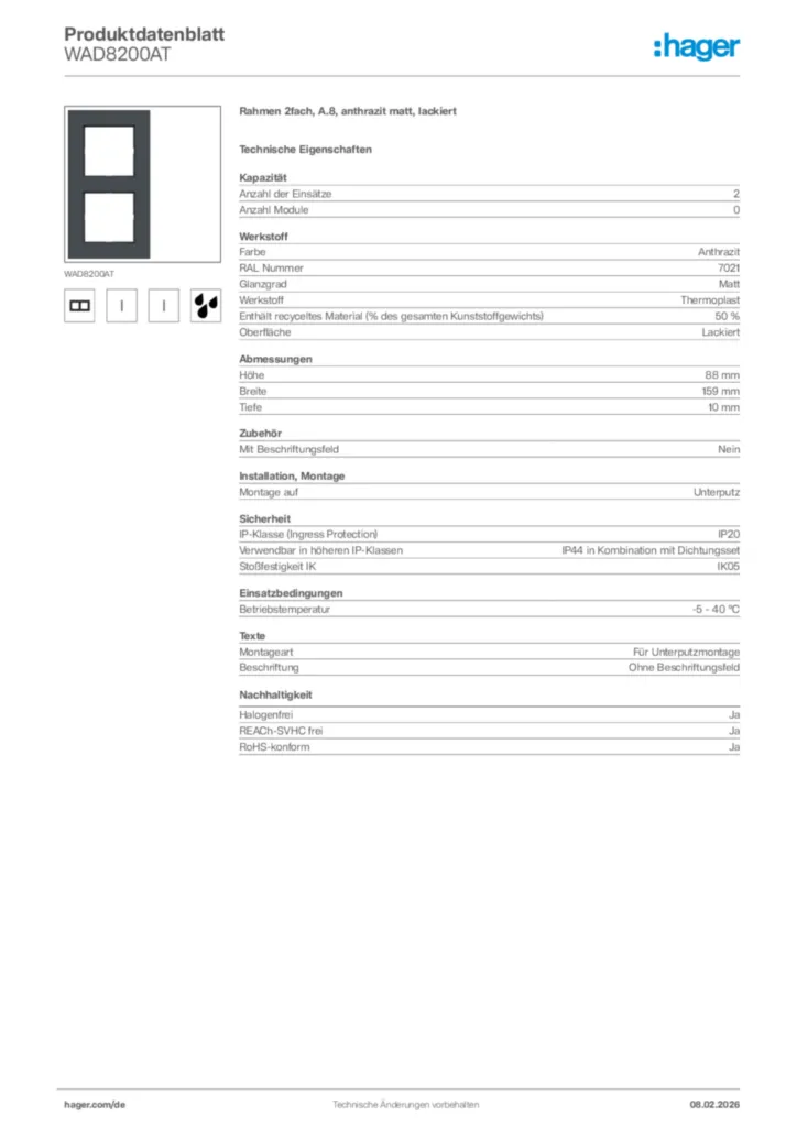 Bild Hager Produktdatenblatt WAD8200AT | Hager Deutschland