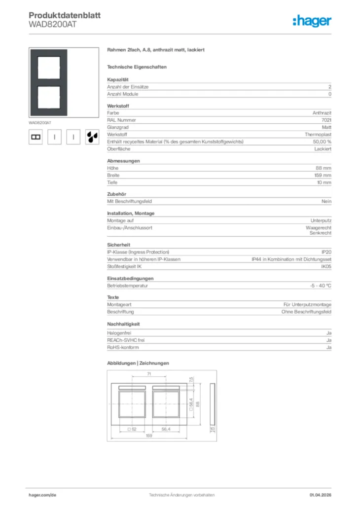 Bild Hager Produktdatenblatt WAD8200AT | Hager Deutschland