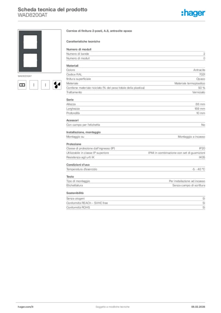 Immagine Hager Scheda tecnica del prodotto WAD8200AT | Hager Italia