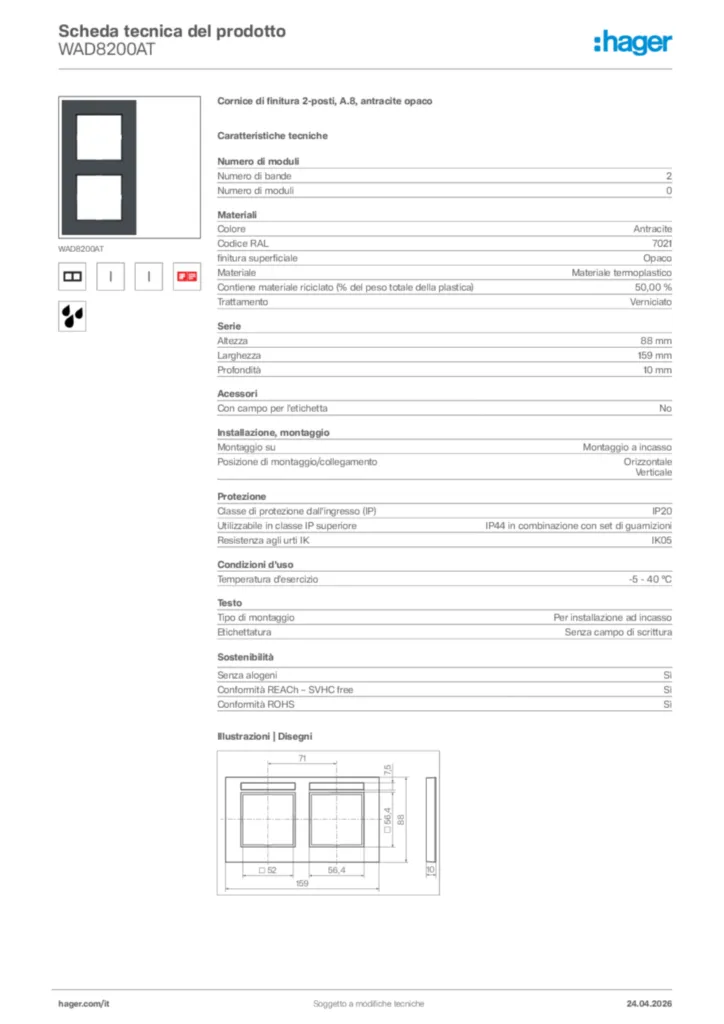 Immagine Hager Scheda tecnica del prodotto WAD8200AT | Hager Italia