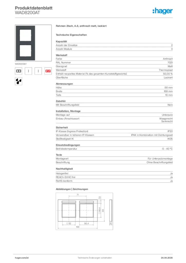 Bild Hager Produktdatenblatt WAD8200AT | Hager Deutschland