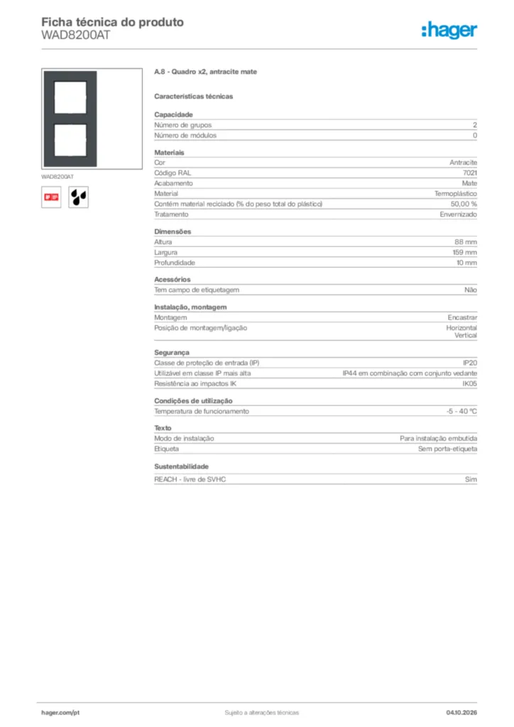 Imagem Hager Ficha técnica do produto WAD8200AT | Hager Portugal