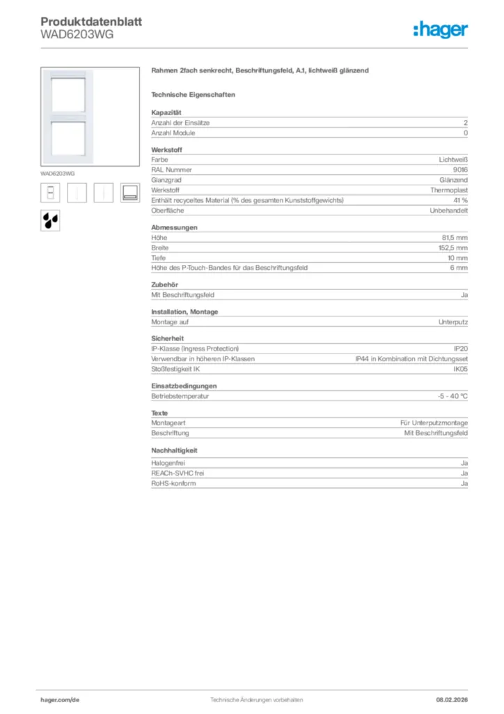 Bild Hager Produktdatenblatt WAD6203WG | Hager Deutschland