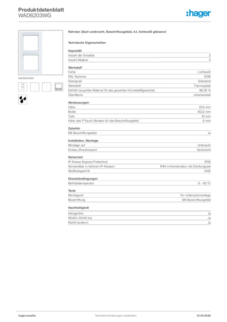 Bild Hager Produktdatenblatt WAD6203WG | Hager Deutschland