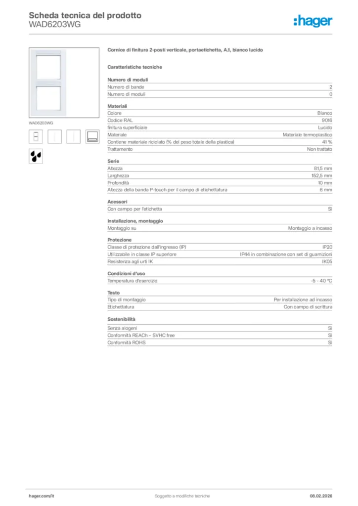 Immagine Hager Scheda tecnica del prodotto WAD6203WG | Hager Italia