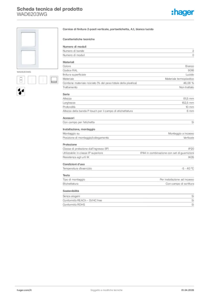 Immagine Hager Scheda tecnica del prodotto WAD6203WG | Hager Italia