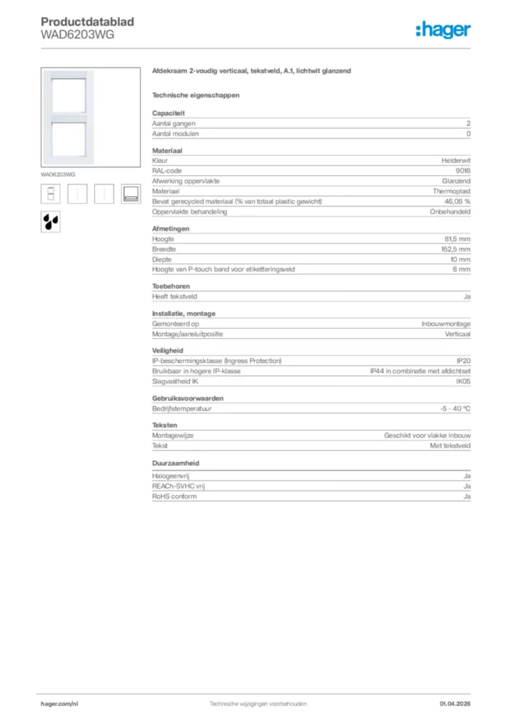 Afbeelding Hager Productdatablad WAD6203WG | Hager Nederland