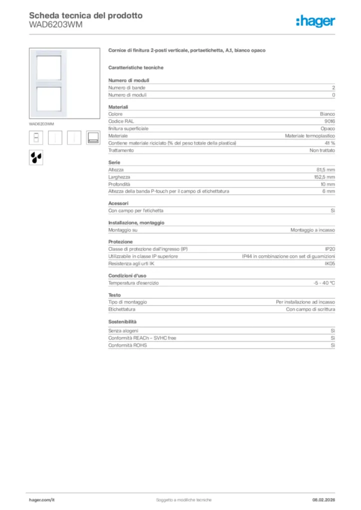 Immagine Hager Scheda tecnica del prodotto WAD6203WM | Hager Italia