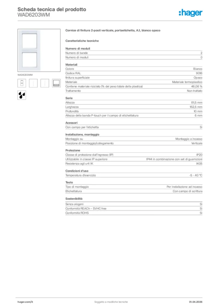 Immagine Hager Scheda tecnica del prodotto WAD6203WM | Hager Italia