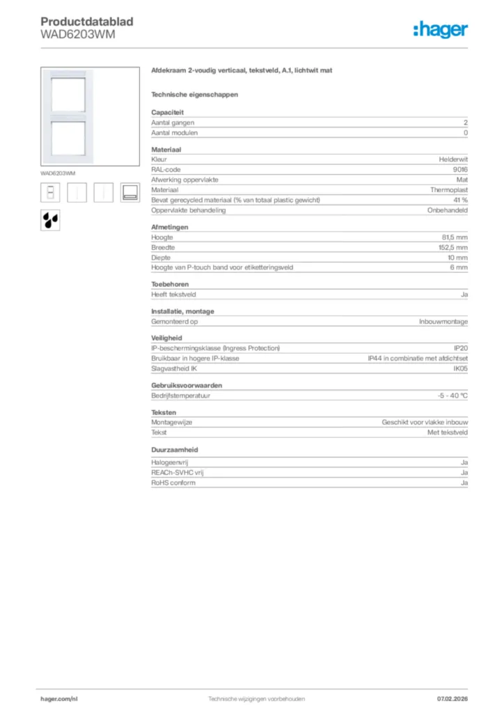 Afbeelding Hager Productdatablad WAD6203WM | Hager Nederland
