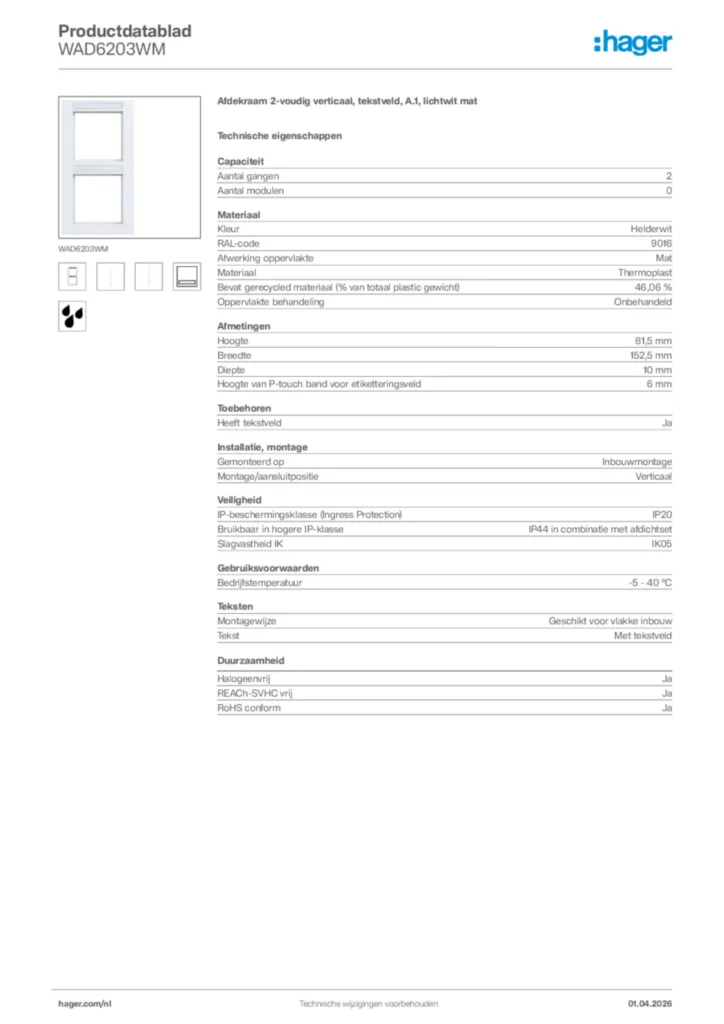 Afbeelding Hager Productdatablad WAD6203WM | Hager Nederland