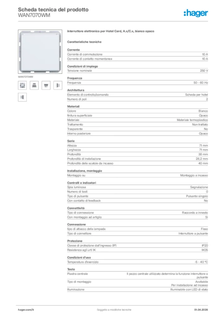 Immagine Hager Scheda tecnica del prodotto WAN7070WM | Hager Italia