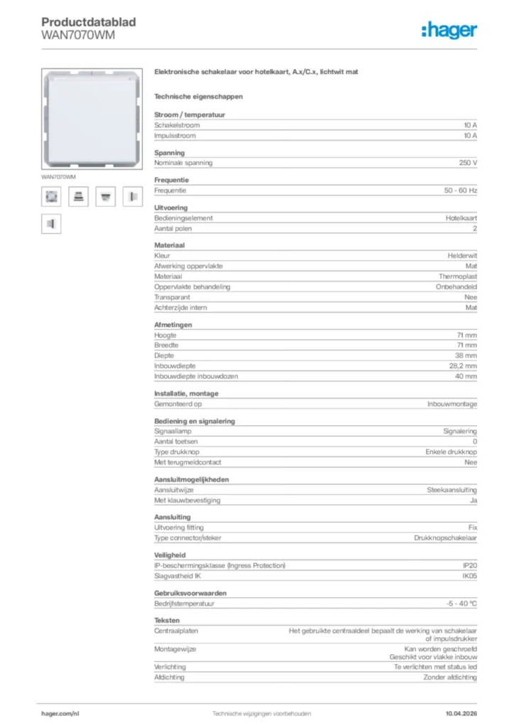 Afbeelding Hager Productdatablad WAN7070WM | Hager Nederland