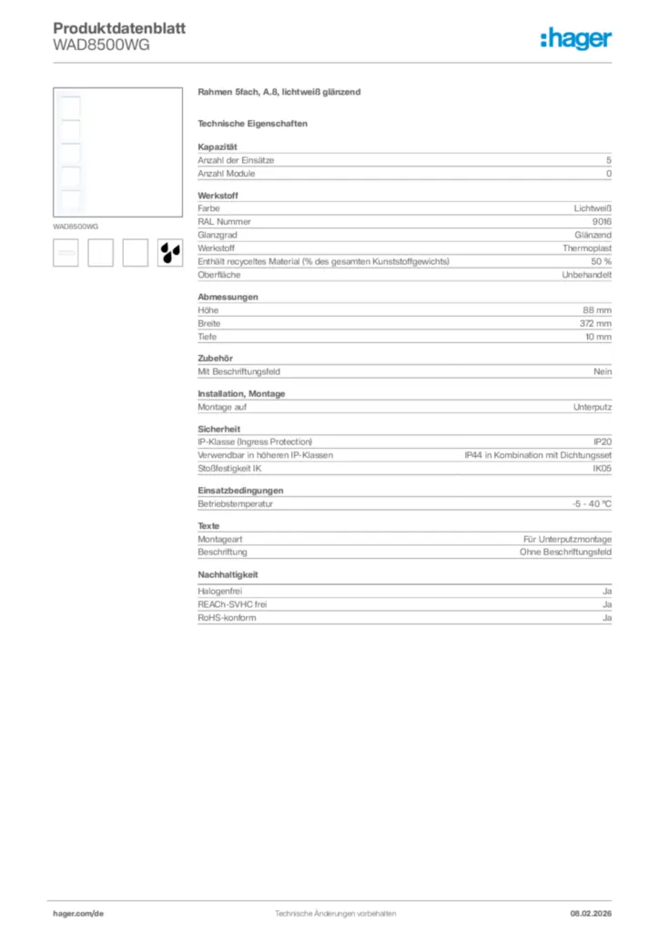 Bild Hager Produktdatenblatt WAD8500WG | Hager Deutschland