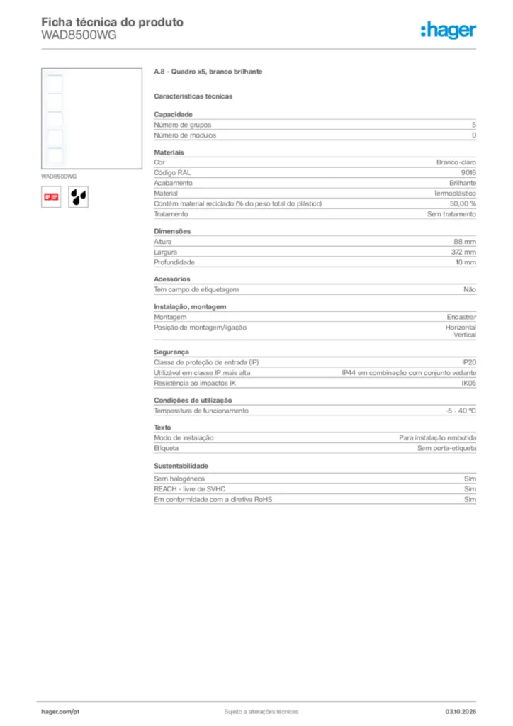 Imagem Hager Ficha técnica do produto WAD8500WG | Hager Portugal