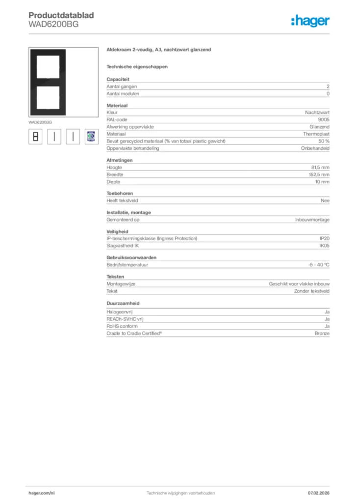 Afbeelding Hager Productdatablad WAD6200BG | Hager Nederland