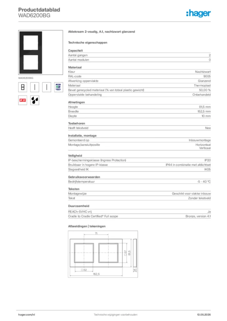 Afbeelding Hager Productdatablad WAD6200BG | Hager Nederland