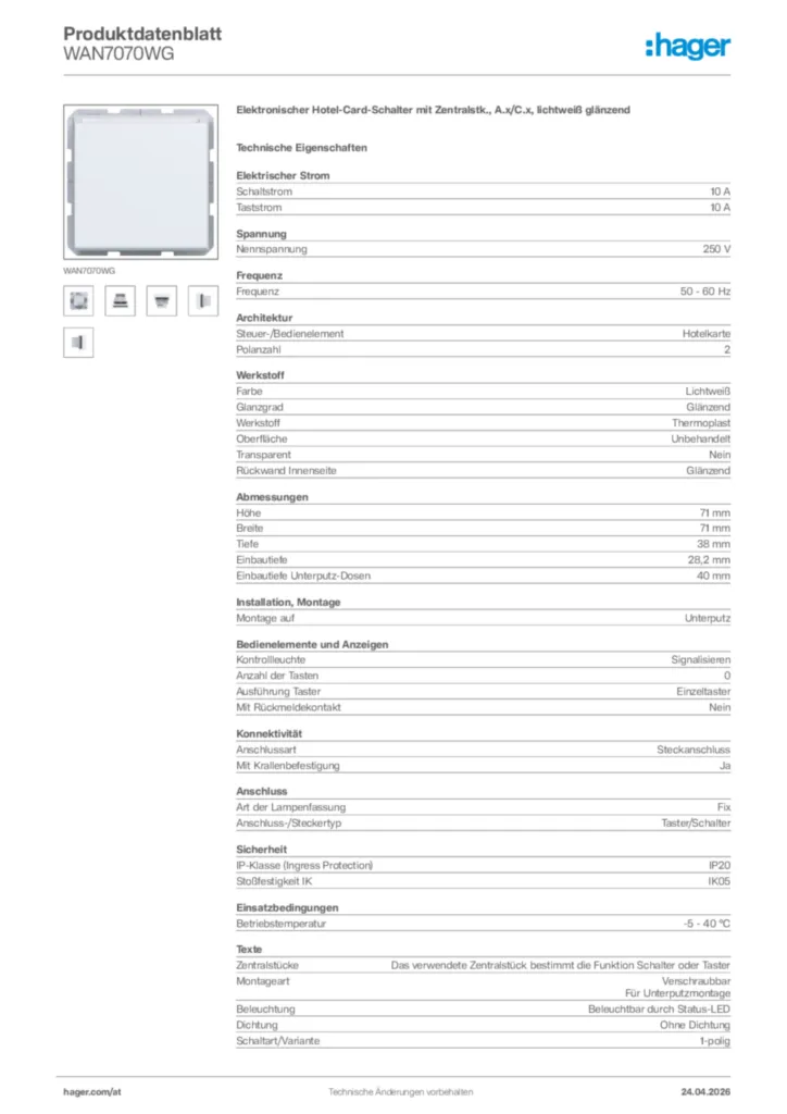 Bild Hager Produktdatenblatt WAN7070WG | Hager Deutschland