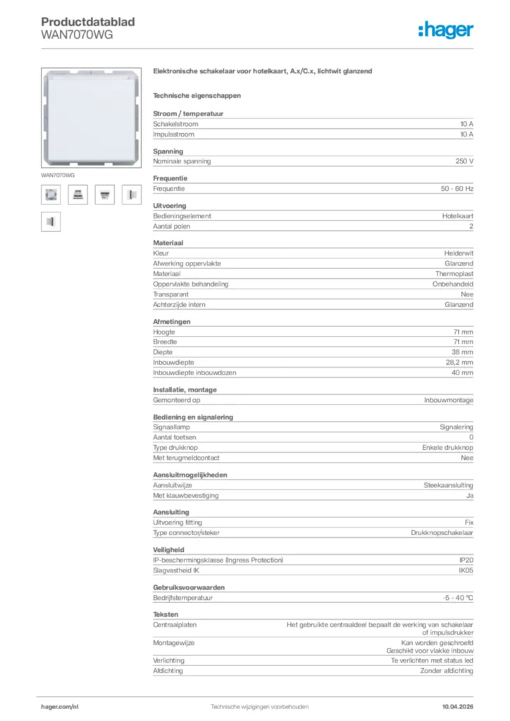 Afbeelding Hager Productdatablad WAN7070WG | Hager Nederland