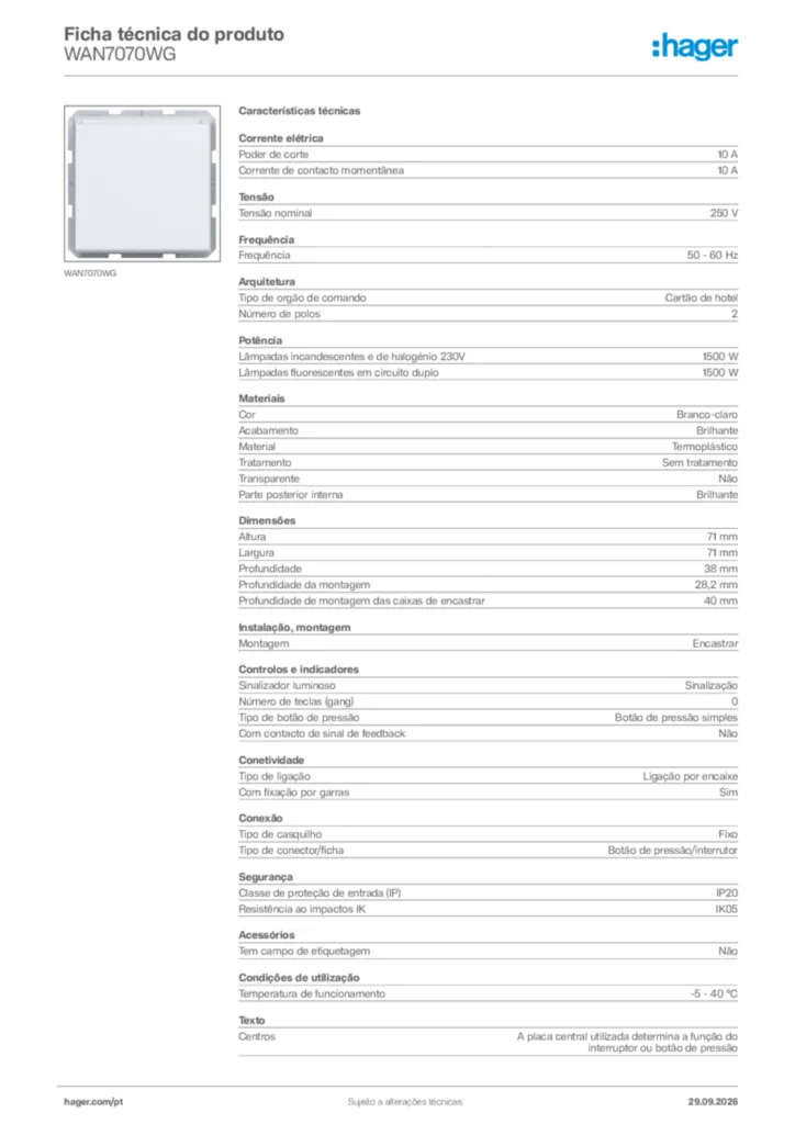Imagem Hager Ficha técnica do produto WAN7070WG | Hager Portugal