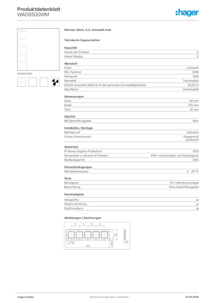 Bild Hager Produktdatenblatt WAD8500WM | Hager Deutschland