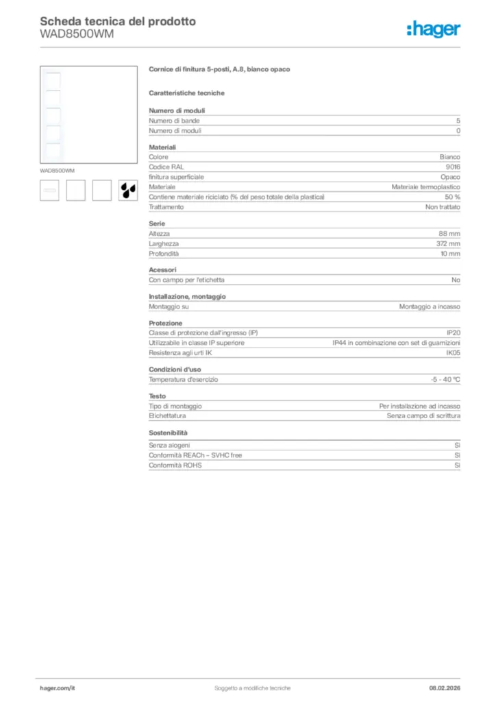 Immagine Hager Scheda tecnica del prodotto WAD8500WM | Hager Italia