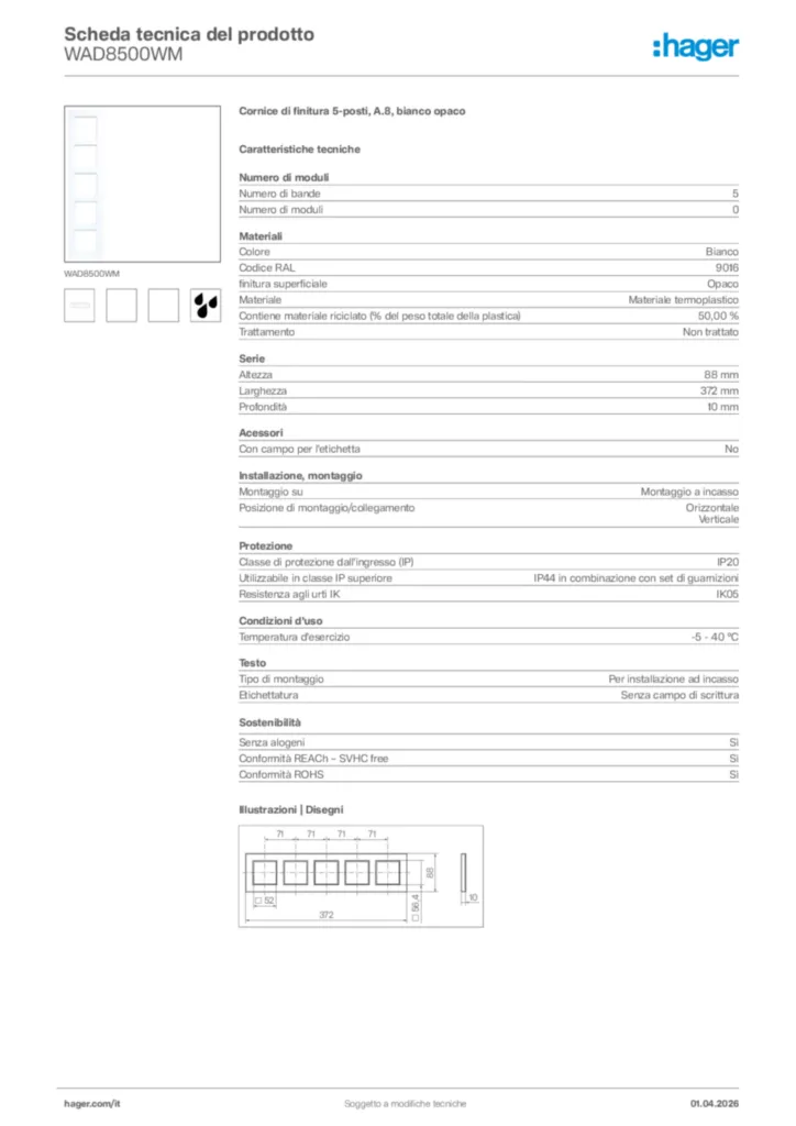 Immagine Hager Scheda tecnica del prodotto WAD8500WM | Hager Italia