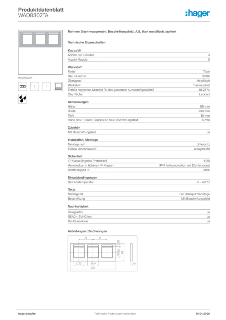 Bild Hager Produktdatenblatt WAD8302TA | Hager Deutschland