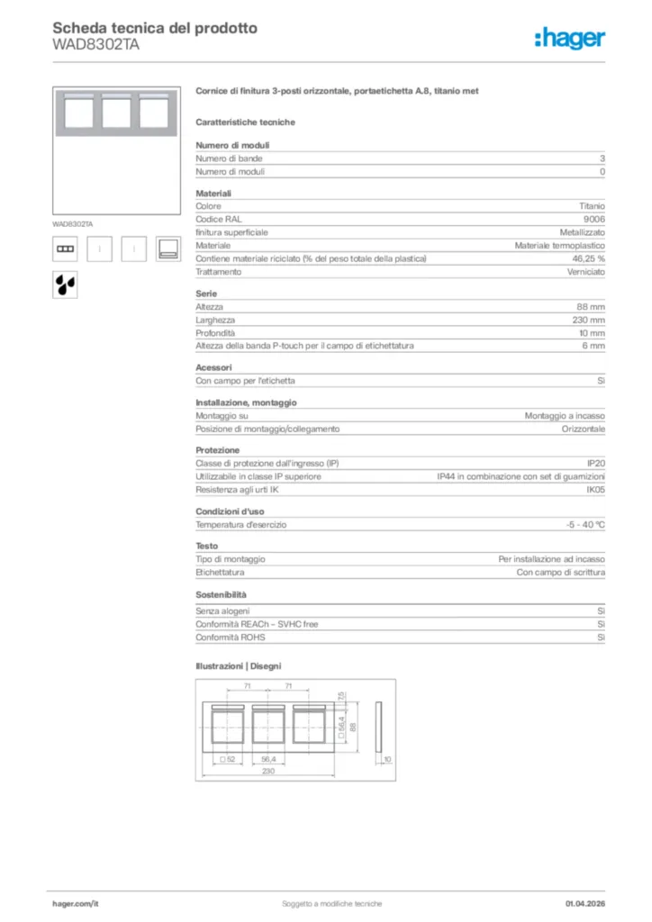Immagine Hager Scheda tecnica del prodotto WAD8302TA | Hager Italia