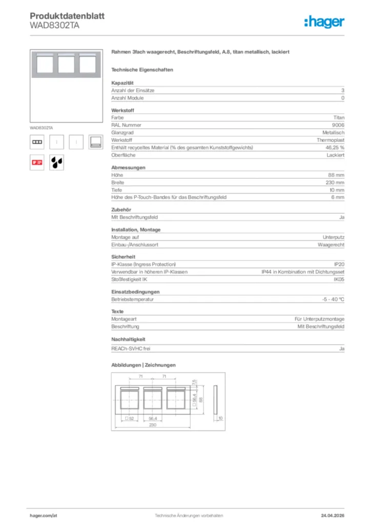 Bild Hager Produktdatenblatt WAD8302TA | Hager Deutschland