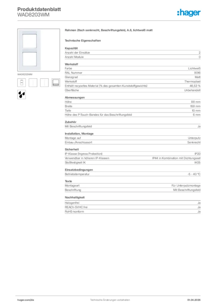 Bild Hager Produktdatenblatt WAD8203WM | Hager Deutschland