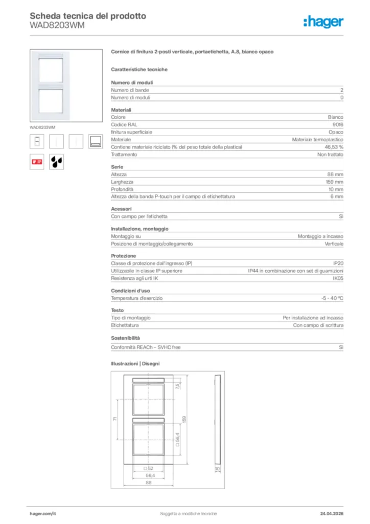 Immagine Hager Scheda tecnica del prodotto WAD8203WM | Hager Italia