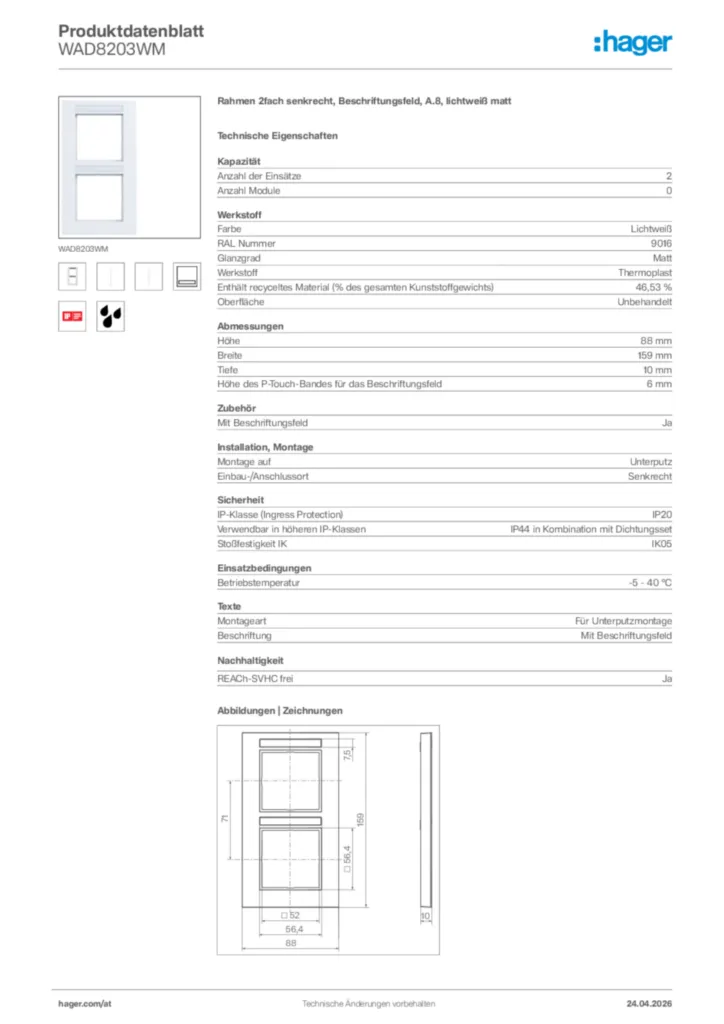 Bild Hager Produktdatenblatt WAD8203WM | Hager Deutschland
