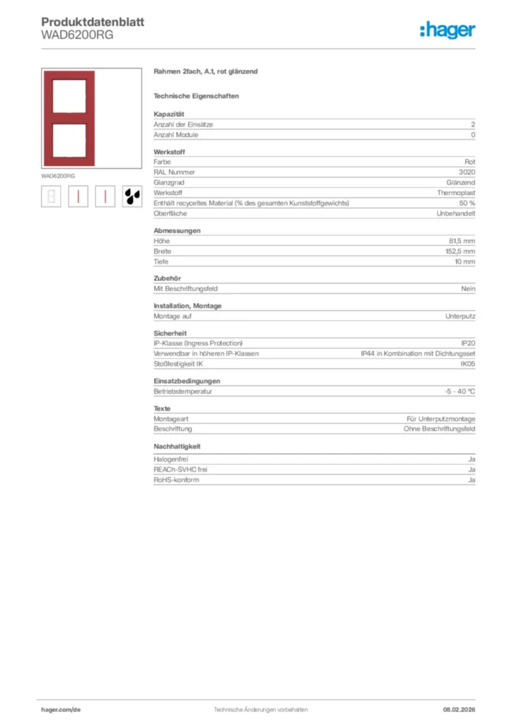 Bild Hager Produktdatenblatt WAD6200RG | Hager Deutschland