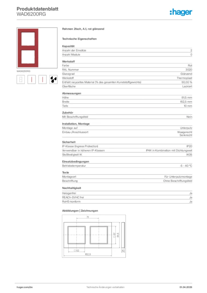 Bild Hager Produktdatenblatt WAD6200RG | Hager Deutschland