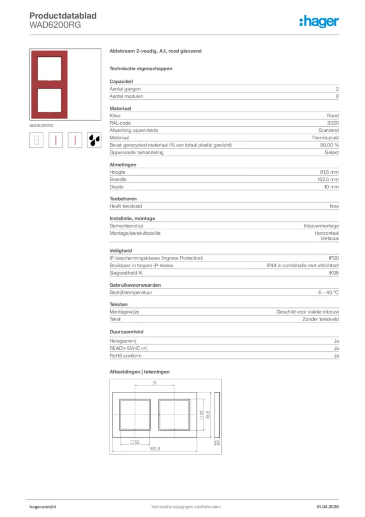 Afbeelding Hager Productdatablad WAD6200RG | Hager Nederland