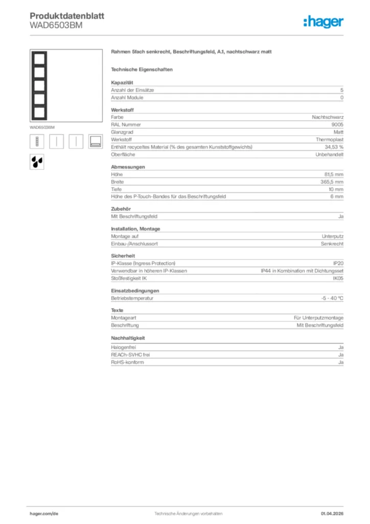 Bild Hager Produktdatenblatt WAD6503BM | Hager Deutschland