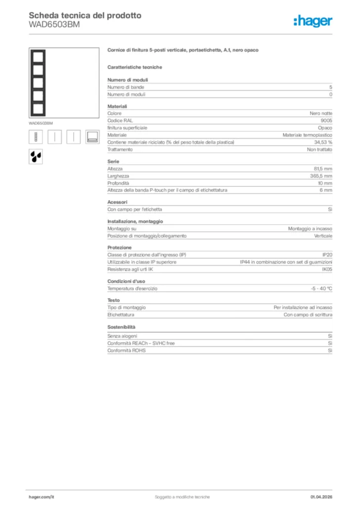 Immagine Hager Scheda tecnica del prodotto WAD6503BM | Hager Italia