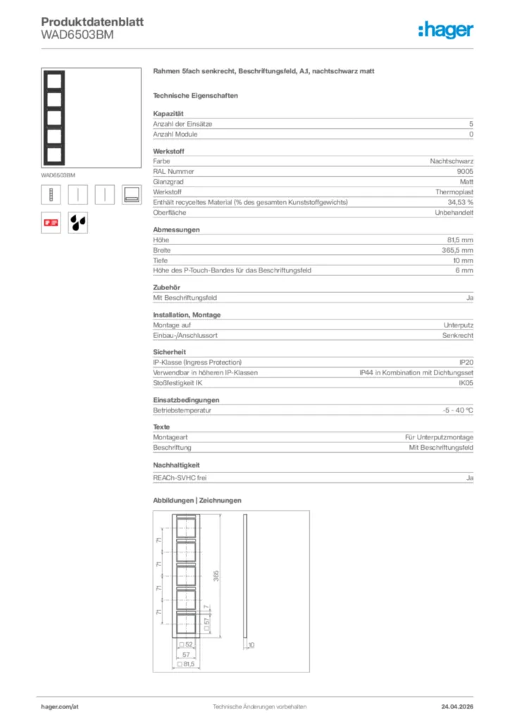 Bild Hager Produktdatenblatt WAD6503BM | Hager Deutschland