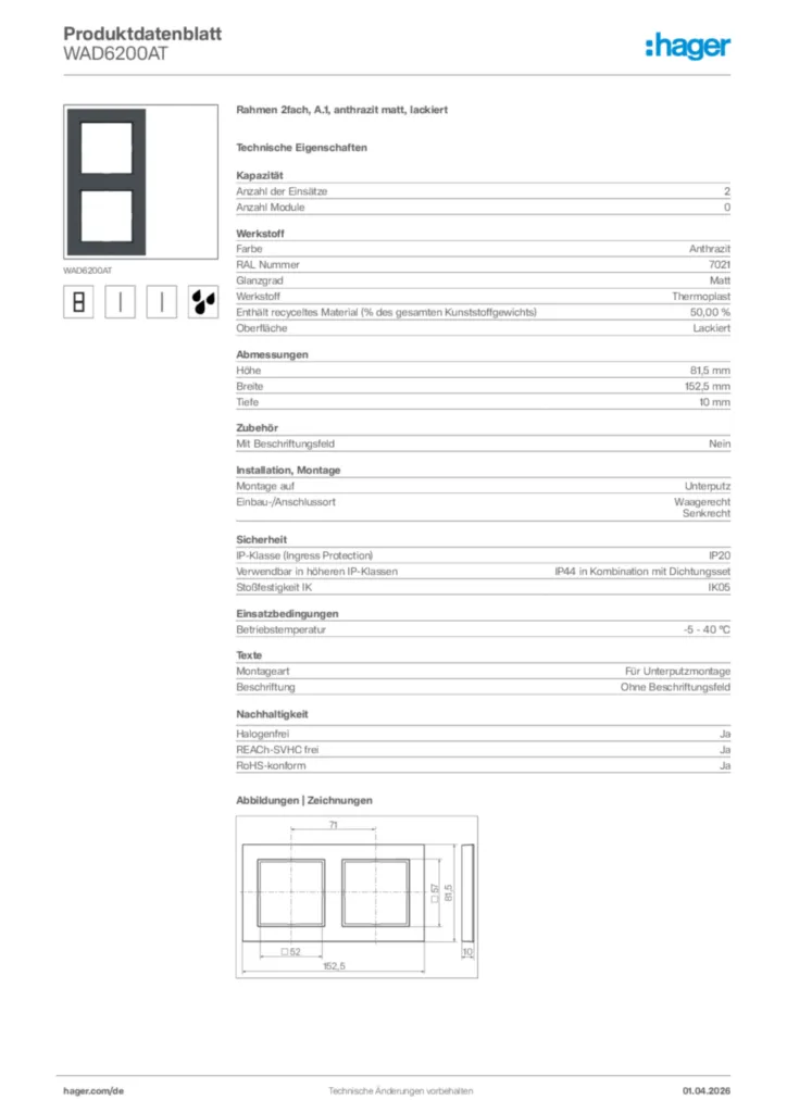 Bild Hager Produktdatenblatt WAD6200AT | Hager Deutschland