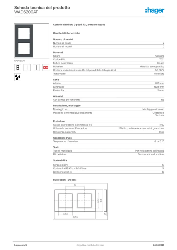 Immagine Hager Scheda tecnica del prodotto WAD6200AT | Hager Italia